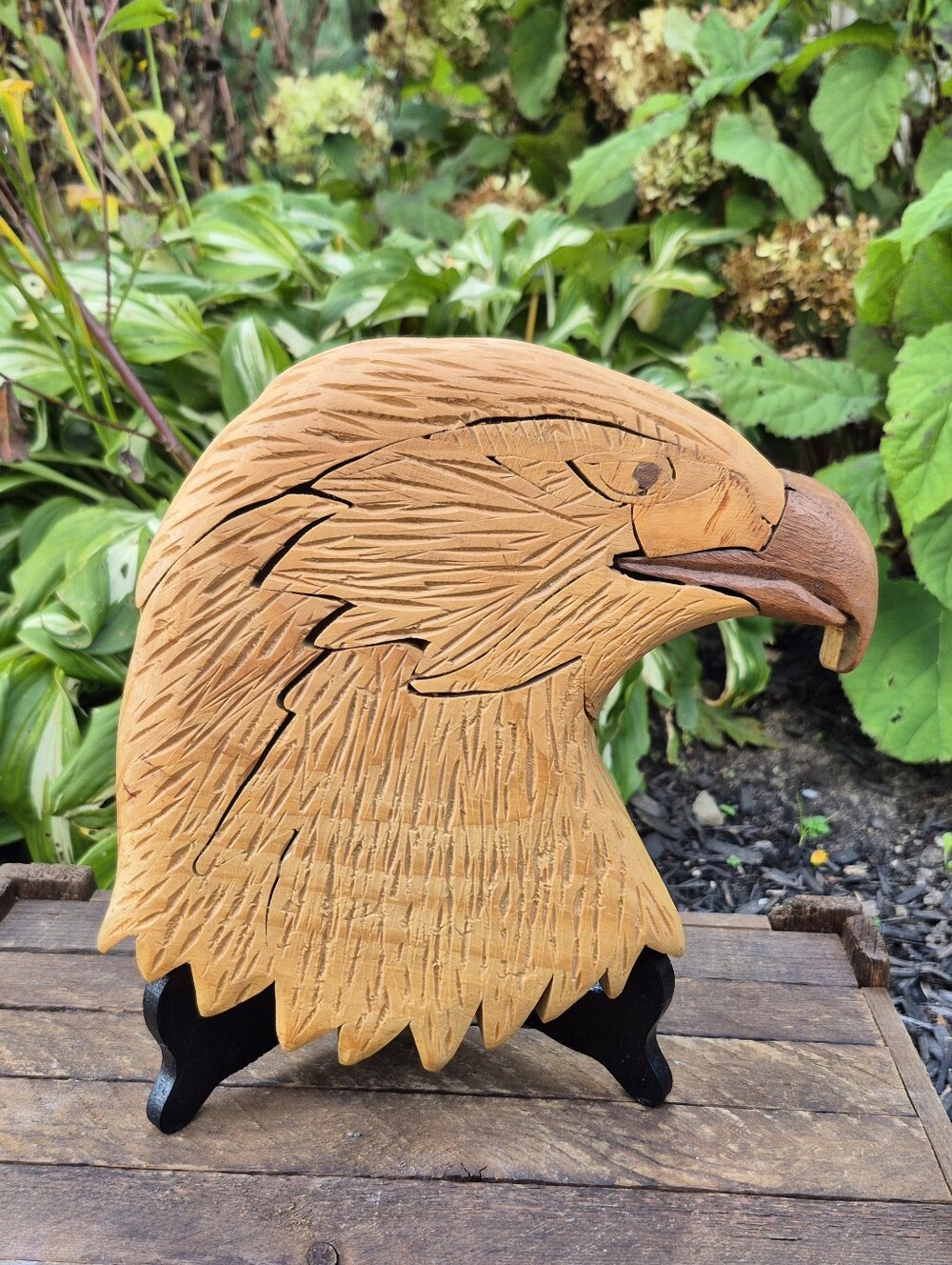 Hand Carved Wood Eagle Head Plaque 8x8 Rustic Cabin Decor Sculpture